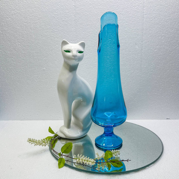LE Smith Smoothie Pedestal Swung Vase Blue MCM Swung Glass Vase 15”h.